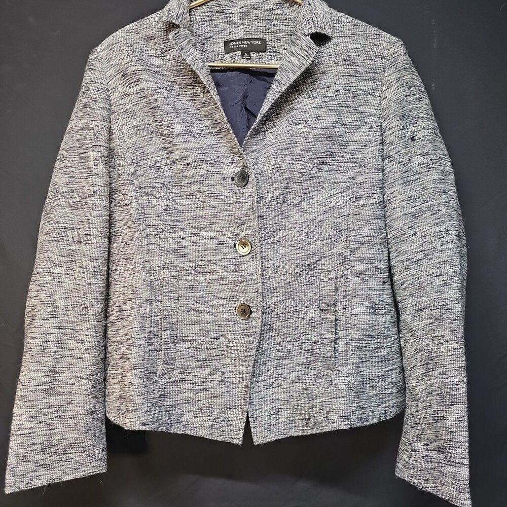 WOMEN'S JONES NY Grey TWEED POLY BLEND 3 BUTTON BLAZER SIZE 12